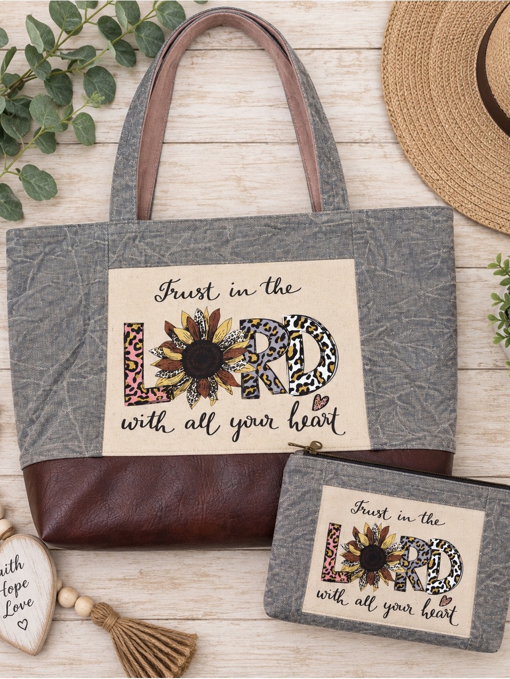 Handmade Trust in the Lord Large Tote & Zipper Pouch Set Christian Faith Bag